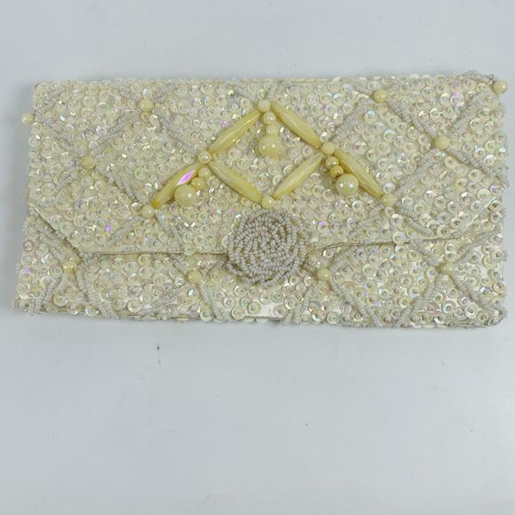 Vintage Ivory and White Beaded Sequin Cocktail Party Dressy Small Purse Clutch - Picture 1 of 9